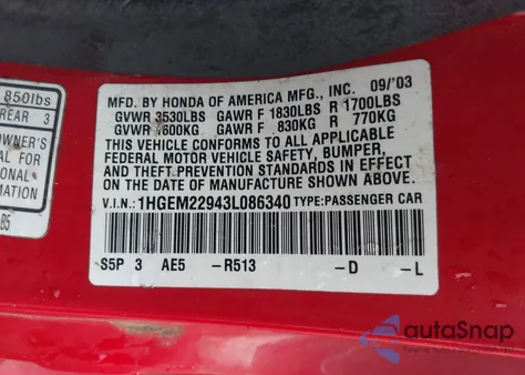 2003 Honda Civic Ex z USA, uszkodzony, nr VIN 1HGEM22943L086340